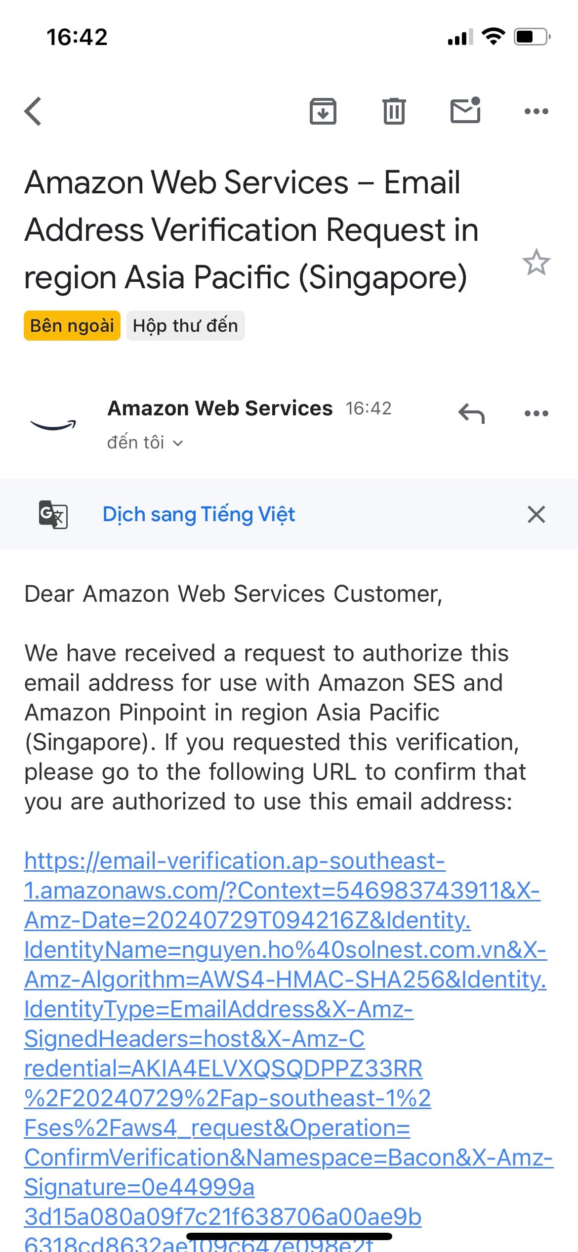 xác thực aws qua inbox